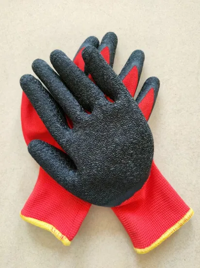 Arbeitsschutzhandschuhe aus rotem Polyester mit Strickrücken und gekräuselter Latexbeschichtung